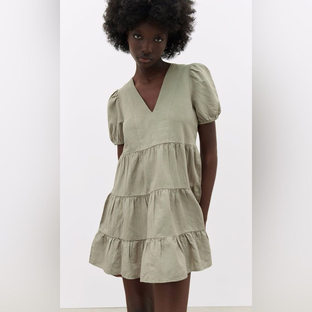 Zara Linen Blend Tiered Mini Dress